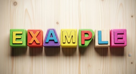 Colorful wooden blocks spelling example concept on a wooden surface background