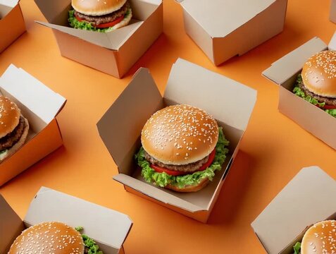Cheeseburgers in Boxes with Orange Background.