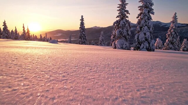Sunlit Snowfield Shimmer snow sparkle winter Wide shot of an untouched snowfield under a low winter sun, countless ice crystals
