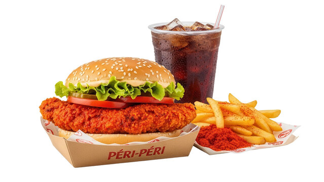 Spicy zinger burger meal with peri peri fries and a cold beverage isolated on white background
