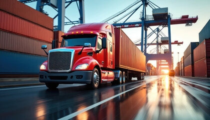 Red semi truck transports container across wet port pavement. Cranes lift cargo in background. Shipping logistics operations at dawn with sun rays.