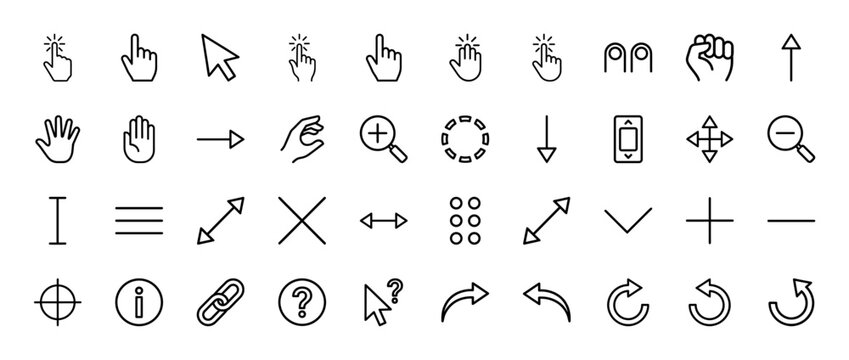 Computer cursor and interface line icon set. Vector pictograms of pointer, hand, magnifying glass, arrows, link, help, and resize symbols, thin outline illustration.
