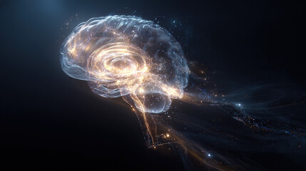 An abstract visualization of a human brain silhouette with intricate, glowing neural pathways on a dark cosmic background.
