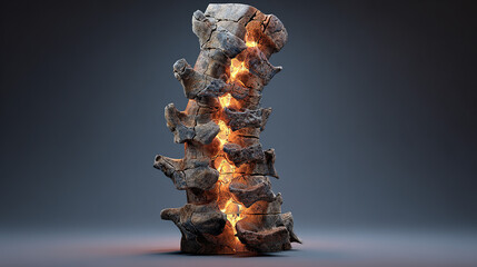 A sculptural representation of a human spine made of cracked stone with five points of intense pressure glowing warmly.
