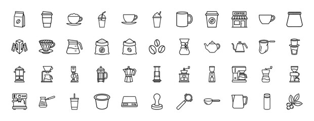 Coffee and barista line icon set. Vector pictograms of espresso machine, grinder, french press, moka pot, beans, kettle, pour over, and filter, thin outline illustration.