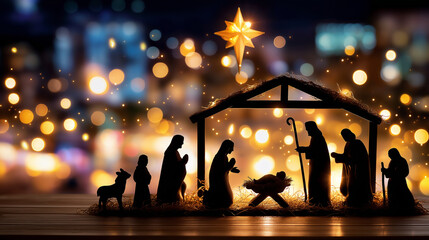 Religious holiday greeting card, black silhouette of nativity scene on holy evening with figures, spiritual celebration, traditional story, defocused background, with copy space