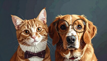 Orange Tabby Cat Wearing Bow Tie And Beagle Dog Wearing Glasses Together Posing For A Portrait Against A Dark Gray Background