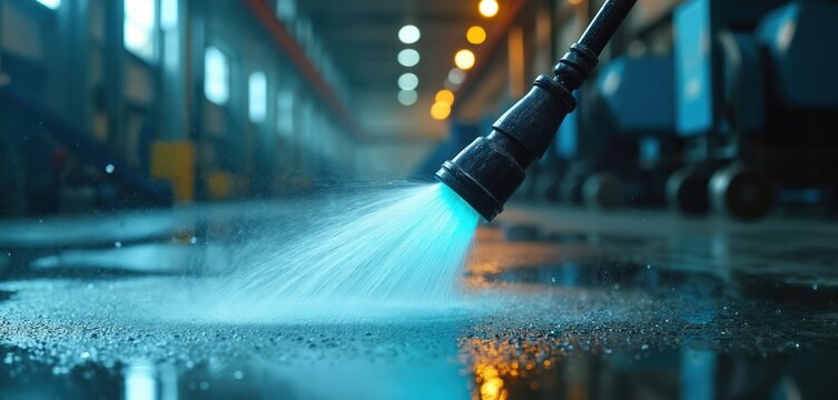 High pressure water jet sprays concrete floor indoors. Powerful cleaning equipment nozzle emits bright blue stream, creating splashes. Wet surface gleams under industrial lights.
