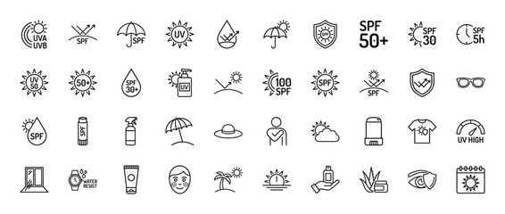 Sun protection and skincare line icon set. Vector pictograms of sunscreen, SPF, ultraviolet rays, sunglasses, hat, umbrella, and aloe vera, thin outline illustration.