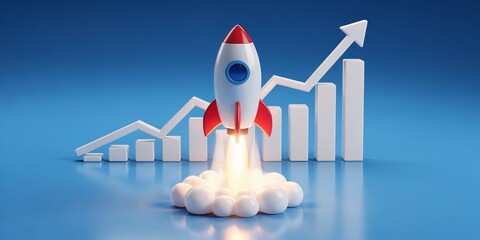 Creative rocket flying upward with business growth chart on blue background, startup success, financial progress, profit rise, investment forecast, leadership vision and speed concept