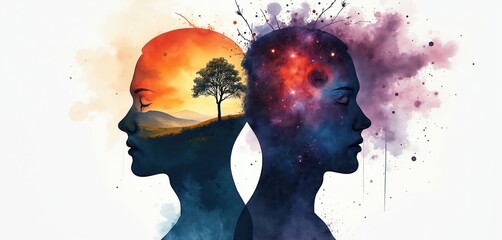 Two human heads in profile facing away from each other. One shows a landscape sunrise, the other cosmos. Represents duality, mood swings, and mental health struggles.