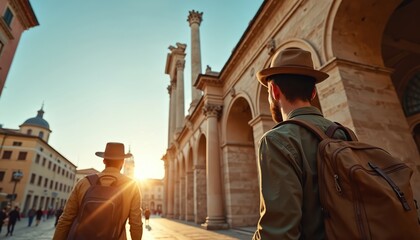 Two men with backpacks walk through old European town at sunrise. They wear hats and explore traditional architecture, seeking adventure and new experiences on their trip.