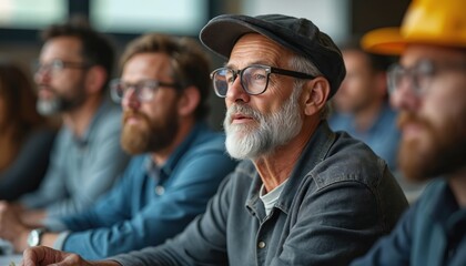Mature man with beard and glasses attends technical seminar. Diverse adult males listen attentively in classroom setting, learning new skills for career.