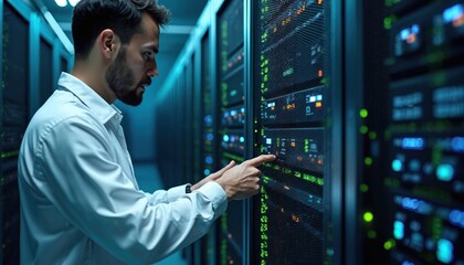 Man in white shirt checks computer servers in data center. IT specialist works with network hardware in modern tech facility. Server rack with blinking lights.