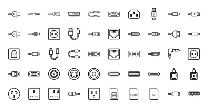 Computer hardware and electronics line icon set. Vector pictograms of usb cable, power outlet, ethernet port, memory card, and audio jack, thin outline illustration.