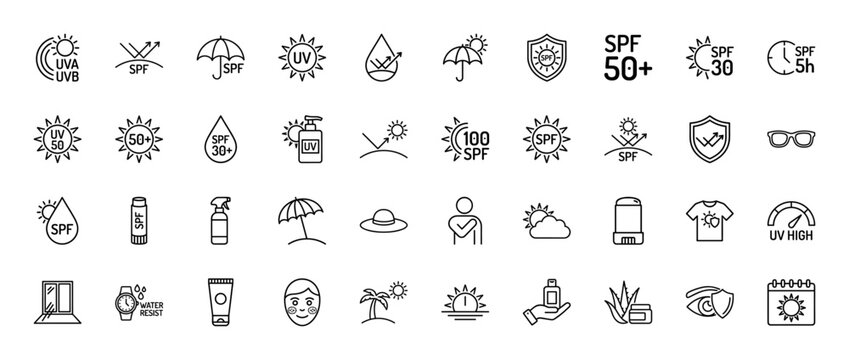 Sun protection and skincare line icon set. Vector pictograms of sunscreen, SPF, ultraviolet rays, sunglasses, hat, umbrella, and aloe vera, thin outline illustration.