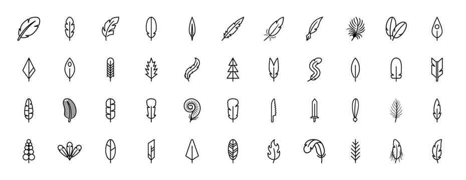 Bird feather and quill line icon set. Vector pictograms of plumage, wing, pen, arrow, sword, leaf, and tribal elements, minimal thin outline illustration.