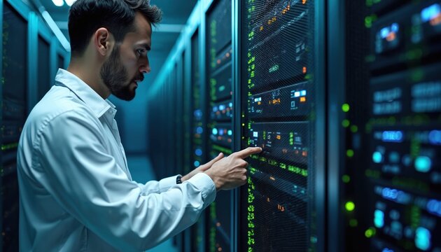 Man in white shirt checks computer servers in data center. IT specialist works with network hardware in modern tech facility. Server rack with blinking lights. - Powered by Adobe