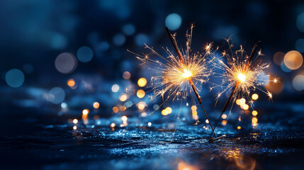 New year 2026 party celebration fireworks background banner panorama long format, sparklers and bokeh lights on dark blue texture defocused, festive atmosphere, celebration display