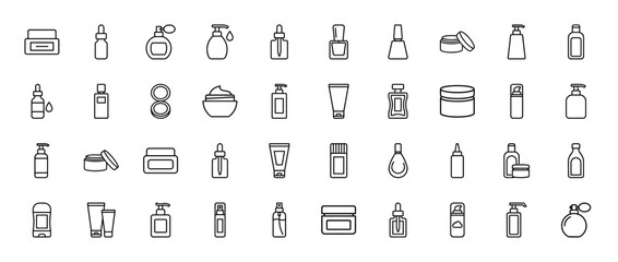 Fototapeta premium Cosmetic and skincare line icon set. Vector pictograms of cream jars, pump bottles, serum droppers, perfume sprays, tubes, and lotions, thin outline illustration.