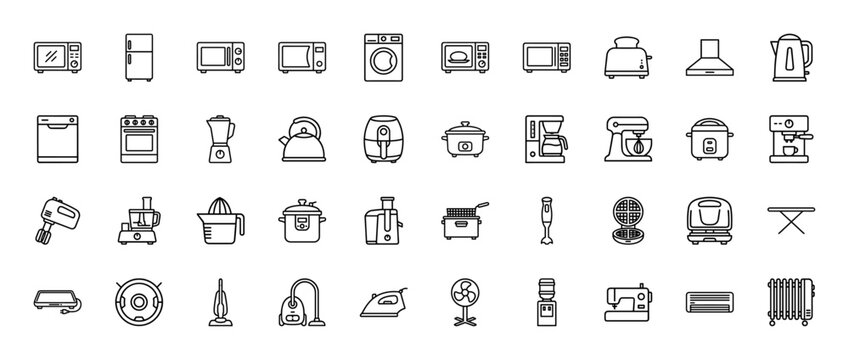 Home appliances icon set. Vector pictograms of refrigerator, microwave, washing machine, vacuum, iron, toaster, and blender, black outline style illustration.