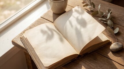open book on wooden table by window with flowers.