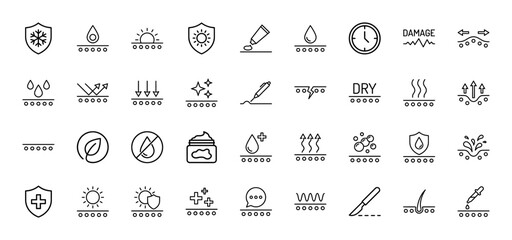 Dermatology line icon set. Vector pictograms of moisturizer, sunscreen, skin pores, hydration, collagen, wrinkles, and serum, thin outline illustration.