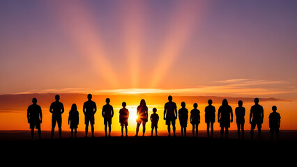A group of people silhouetted against a vibrant sunset with rays of light