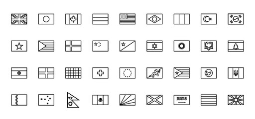 International geography line icon set. Vector pictograms of national flags from various countries and regions, black thin outline illustration for travel and global study.
