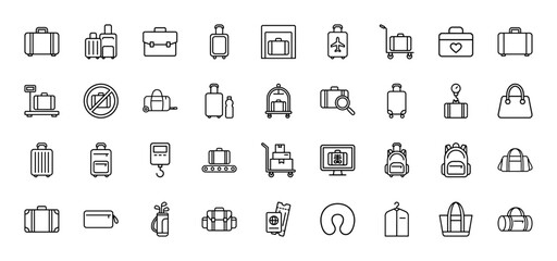 Fototapeta premium Luggage and travel line icon set. Vector pictograms of suitcase, backpack, baggage scale, passport, trolley, and terminal security, thin outline illustration.