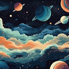 Colorful Space Scene with Planets, Clouds, and Stars A Retro Sci-Fi Dreamscape Graphic