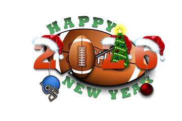 Happy new year. 2026 with football ball. Numbers in Christmas hats with football helmet and Christmas tree ball. Original template design for greeting card. Vector illustration on isolated background