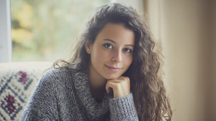 Cozy woman curly hair sweater living room natural light soft focus relaxed casual young woman home interior autumn warmth peaceful content smile