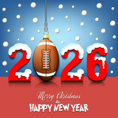 Merry Christmas and Happy New Year. Number 2026 and football ball as a Christmas decorations hanging on strings amid falling snow on a mirror surface. Pattern for greeting card. Vector illustration