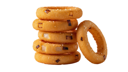 Close up of crispy onion rings stacked on each other for snack promotion isolated on white background