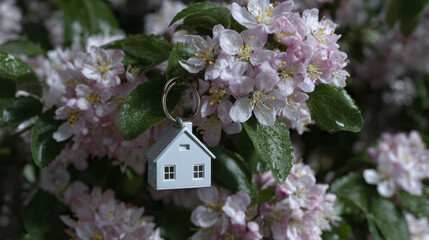 House keychain spring blossom real estate symbol home ownership blooming branch fresh green leaf dewy petal property concept garden nature