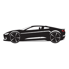 Black silhouette vector illustration of a modern sports car side view, isolated on white background perfect for automotive logos or racing icons