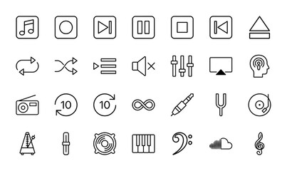 Fototapeta premium Music and audio line icon set. Vector pictograms of media player controls, radio, metronome, speaker, headphones, piano, and musical notes, thin outline illustration.