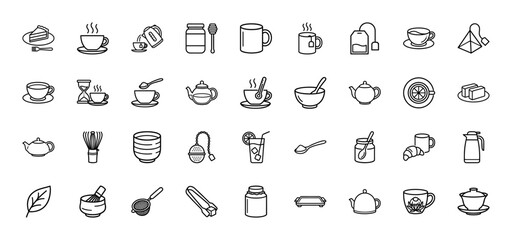 Tea and beverage line icon set featuring vector pictograms of teapots, cups, matcha whisk, honey jar, tea bags, and lemon slices in thin outline illustration style.