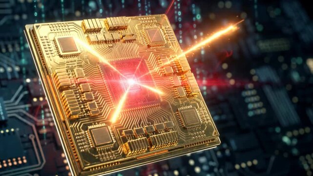 Golden microchip hovers above a dark circuit board with illuminated pathways. A bright red core emits light and data visualization effects. The composition evokes advanced computing hardware, AI proce