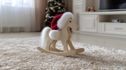 Wooden rocking horse christmas decoration santa hat plush carpet holiday toy cozy living room winter season festive home soft rug daylight