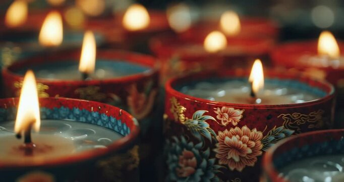 Vibrant Chinese New Year Celebration with Lit Candles and Traditional Decorations in a Close-up Cinematic Footage