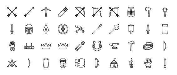 Medieval fantasy line icon set featuring vector pictograms of swords, bows, shields, helmets, axes, arrows, crowns, and blacksmith tools, thin outline illustration.