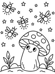 Fototapeta premium Enchanted Forest Delight: A whimsical illustration showcases a charming mushroom character under a starry night sky, with playful fireflies dancing around. 