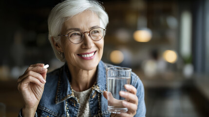 Happy senior woman pill glass of water smiling older adult healthy lifestyle home interior casual clothing glasses short gray hair Happy senior