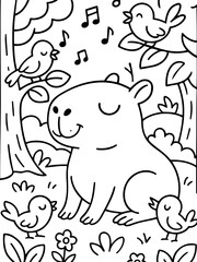 Obraz premium Capybara's Serenade: A cheerful illustration depicts a capybara serenaded by songbirds, showcasing a moment of tranquil interaction.
