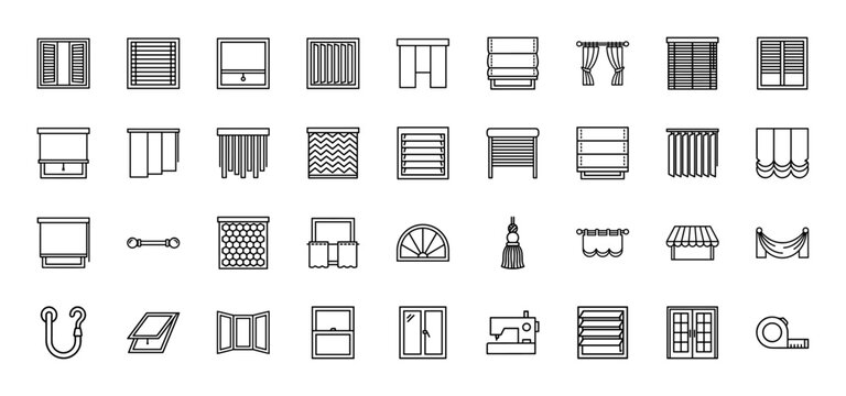 Window treatment and blind line icon set. Vector pictograms of curtains, shutters, rollers, drapes, valance, tassel, hardware, and awning, thin outline illustration.