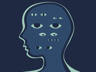 Silhouette of a human head with many eyes on it symbolizing a person's anxieties and fears, fragile calm and constant worry. Vector illustation.