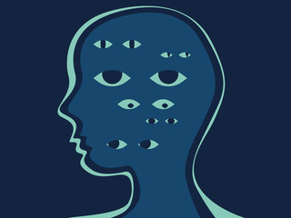 Silhouette of a human head with many eyes on it symbolizing a person's anxious state and nervous  energy. Flat design.