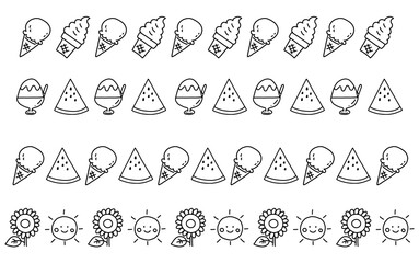 Hand-drawn monochrome decorative lines set, cute summer icons/手描き風 モノクロ線画 夏モチーフの装飾ライン4本セット